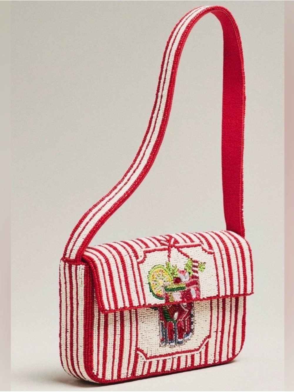 ANTHROPOLOGIE Red and White Striped Beaded Shoulder FIONA Bag